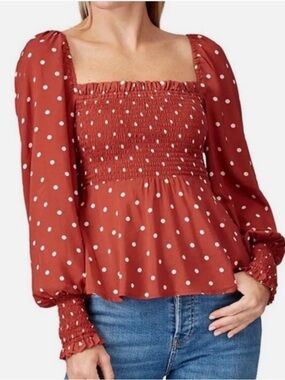 Auguste Red Polly Sunday Blouse - Smocked Square Neck Polka Dot Blouse - Rust
